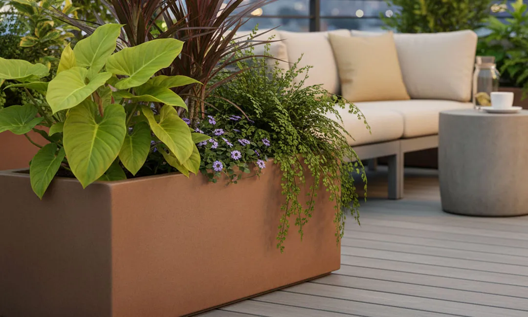 Jardinera de gres con plantas en terraza