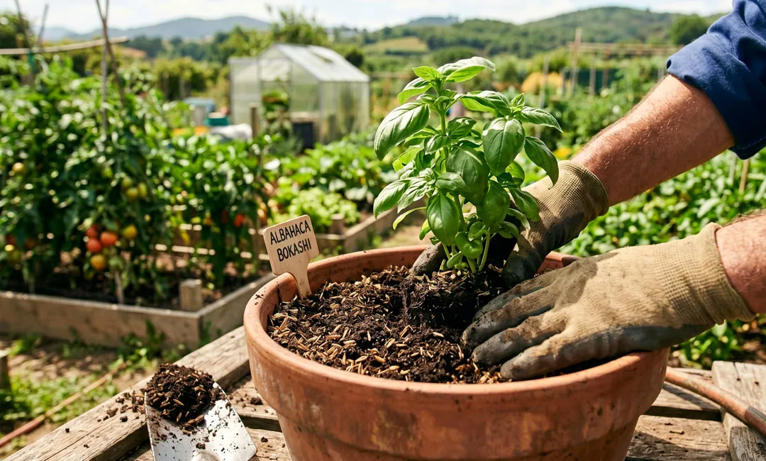 Plantación de aromáticas con sustrato universal con humus bokashi
